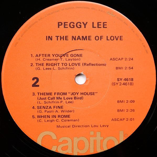 Peggy Lee ~ In The Name Of Love (Vinyl) - Djungel & Jazz