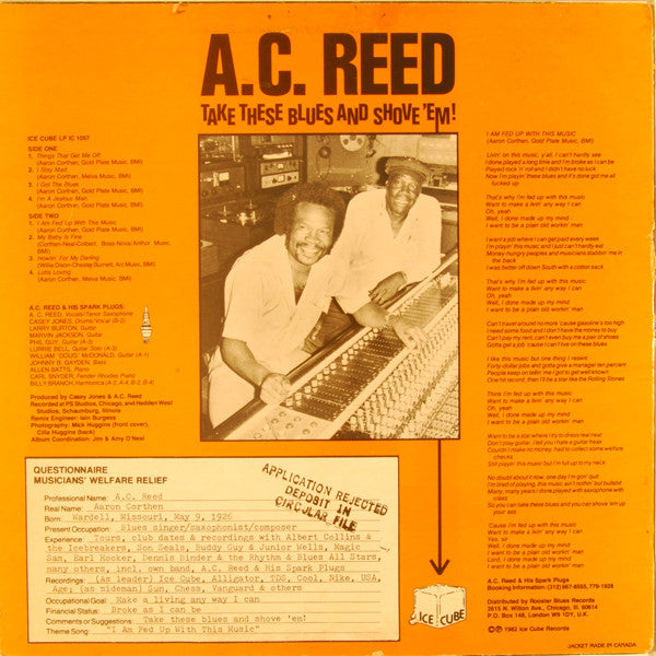 A.C. Reed And His Spark Plugs ~ Take These Blues And Shove 'Em! (Vinyl) - Djungel & Jazz