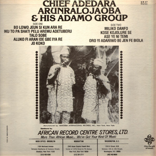 Chief Adedara Arunralojaoba & His Adamo Group : Yoruba Traditional Music (LP)