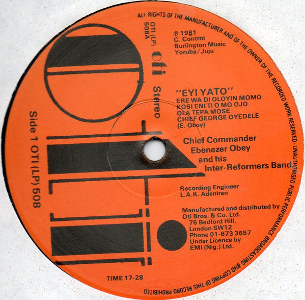 Chief Commander Ebenezer Obey & His Inter-Reformers Band ~ Eyi Yato (Vinyl) - Djungel & Jazz