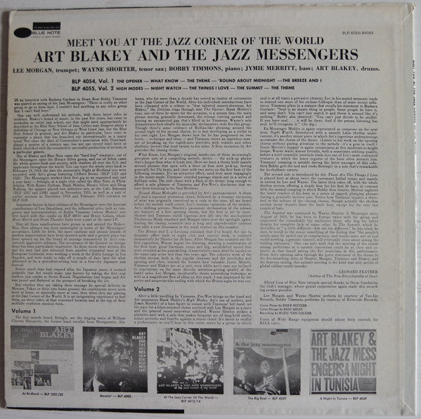 Art Blakey & The Jazz Messengers : Meet You At The Jazz Corner Of The World (Volume 1) (LP, Album, RE)