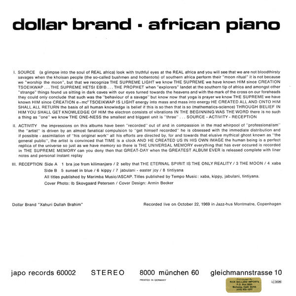 Dollar Brand ~ African Piano (Vinyl) - Djungel & Jazz