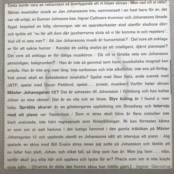 Jan Johanssons Trio : Mäster Johansgatan 12 (7", EP)