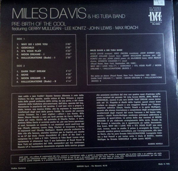 Miles Davis & His Tuba Band ~ Pre-Birth Of The Cool (Vinyl) - Djungel & Jazz