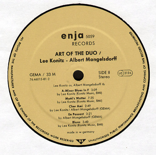 Albert Mangelsdorff / Lee Konitz ~ Art Of The Duo (Vinyl) - Djungel & Jazz