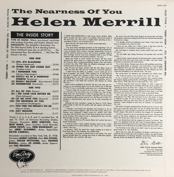 Helen Merrill : The Nearness Of You (LP, Album, Mono, RE, JVC)