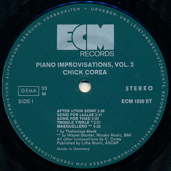 Chick Corea : Piano Improvisations Vol. 2 (LP, Album, Dar)