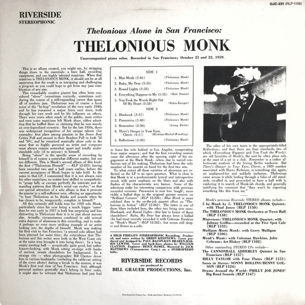 Thelonious Monk : Thelonious Alone In San Francisco (LP, Album, RE)