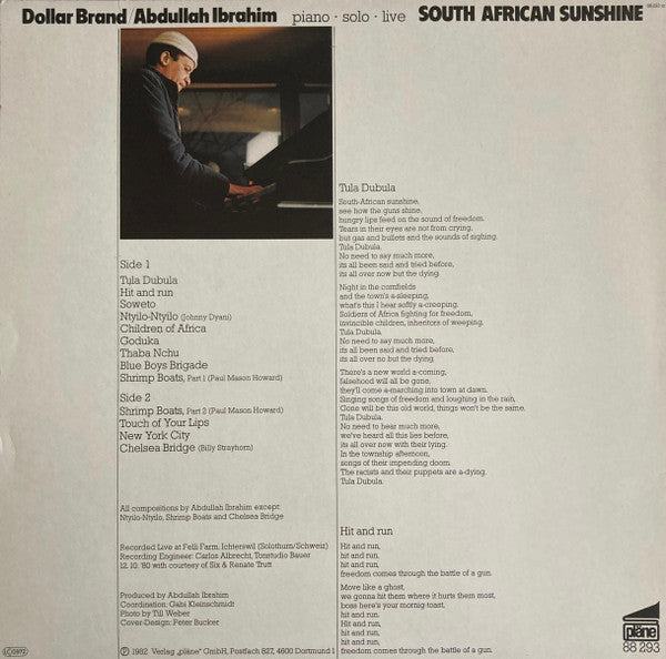 Dollar Brand / Abdullah Ibrahim ~ South African Sunshine (Piano - Solo - Live) (Vinyl) - Djungel & Jazz