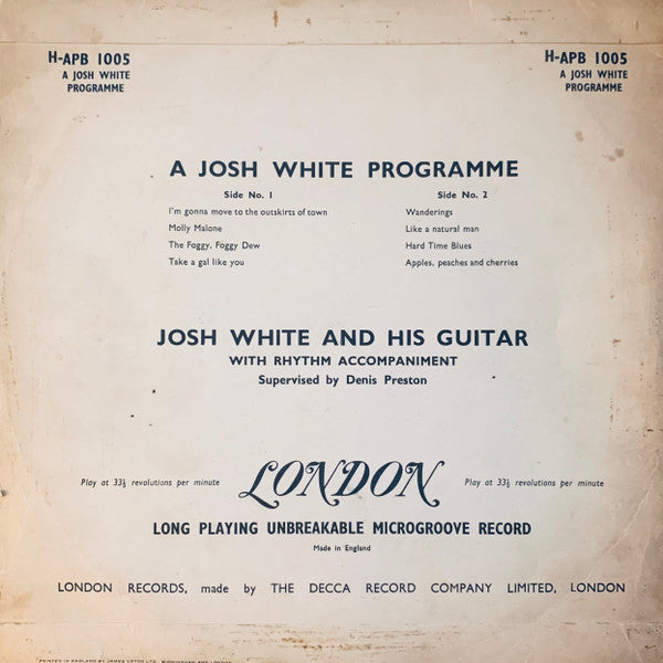 Josh White And His Guitar ~ A Josh White Program (Vinyl) - Djungel & Jazz