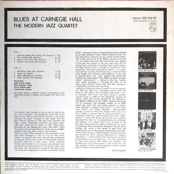 The Modern Jazz Quartet ~ Blues At Carnegie Hall (Vinyl) - Djungel & Jazz