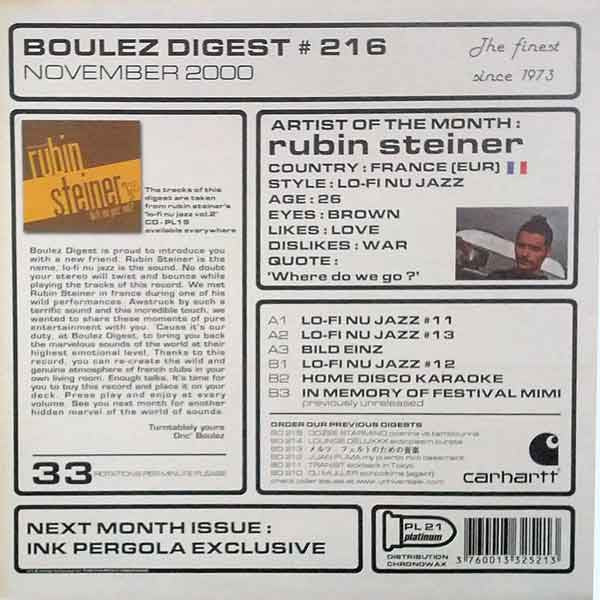 Rubin Steiner ~ Boulez Digest # 216 November 2000 (Vinyl) - Djungel & Jazz