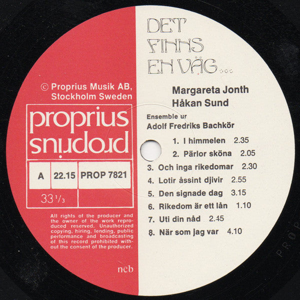 Margareta Jonth · Håkan Sund · Adolf Fredriks Bachkör ~ Det Finns En Väg (Vinyl) - Djungel & Jazz