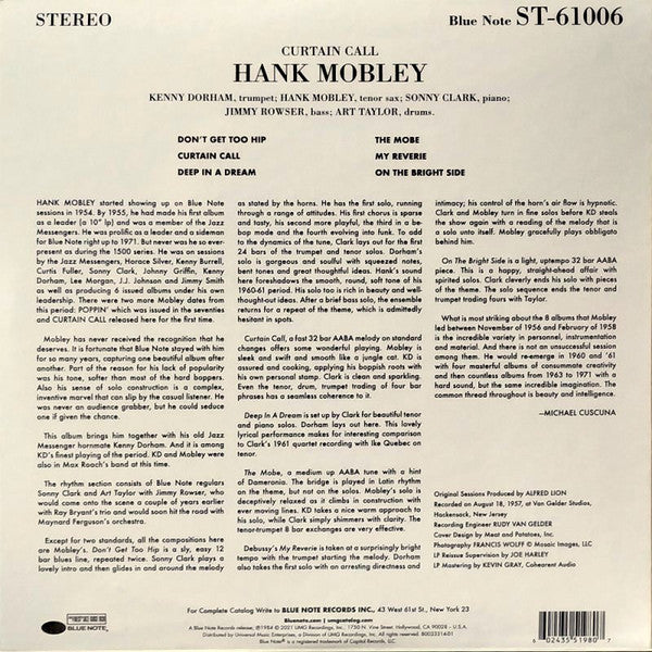 Hank Mobley Featuring Kenny Dorham & Sonny Clark ~ Curtain Call (Vinyl) - Djungel & Jazz