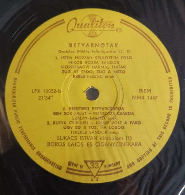 Lajos Boros And His Gipsy Band* : Betyárnóták (LP)