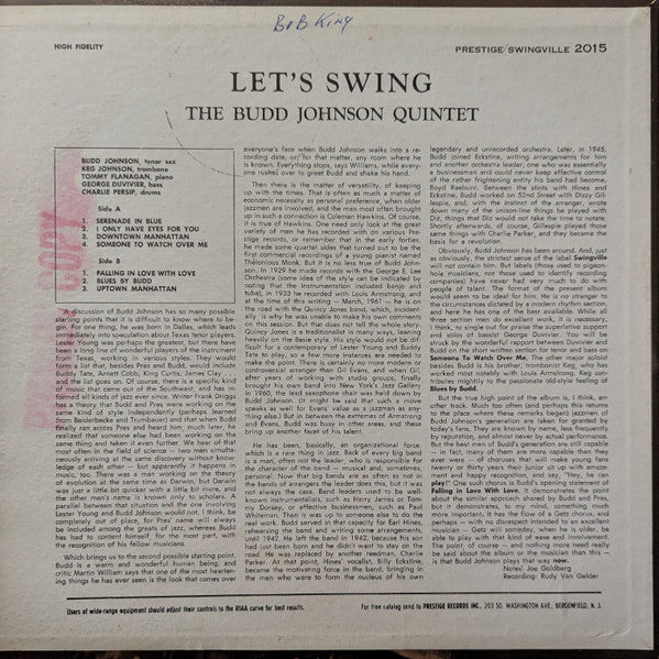 The Budd Johnson Quintet : Let's Swing (LP, Album, Mono, Dee)