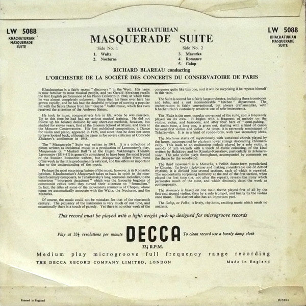 Khachaturian - Richard Blareau Conducting L&#039;Orchestre De La Société Des Concerts Du Conservatoire De Paris ~ Masquerade Suite (Vinyl) - Djungel & Jazz