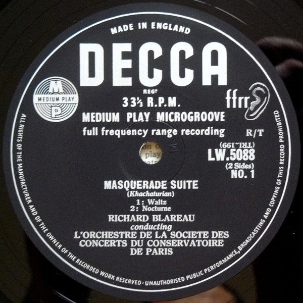 Khachaturian - Richard Blareau Conducting L&#039;Orchestre De La Société Des Concerts Du Conservatoire De Paris ~ Masquerade Suite (Vinyl) - Djungel & Jazz