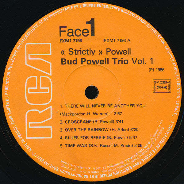 Bud Powell Trio* : "Strictly" Powell Vol. 1 (LP, Album, RE)