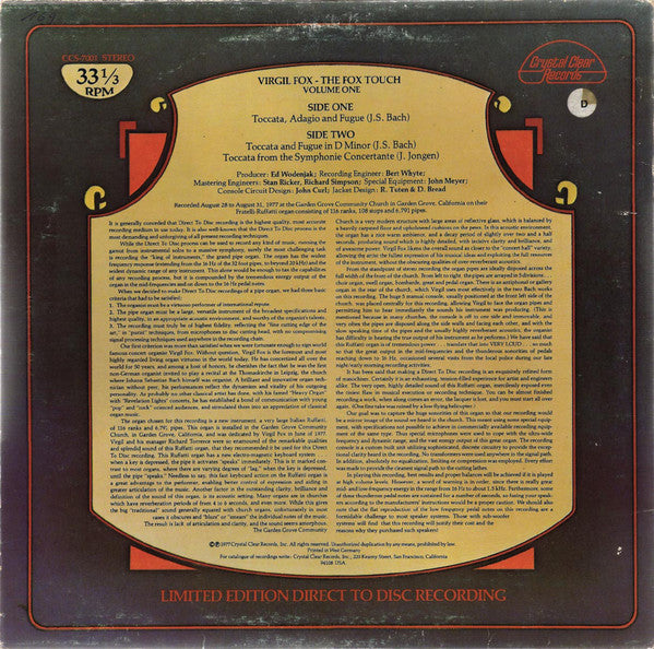 Virgil Fox ~ The Fox Touch • Volume One (Vinyl) - Djungel & Jazz