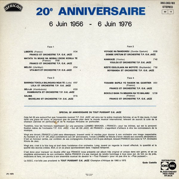 Franco ~ 20ème Anniversaire / 6 Juin 1956 - 6 Juin 1976 (Vinyl) - Djungel & Jazz