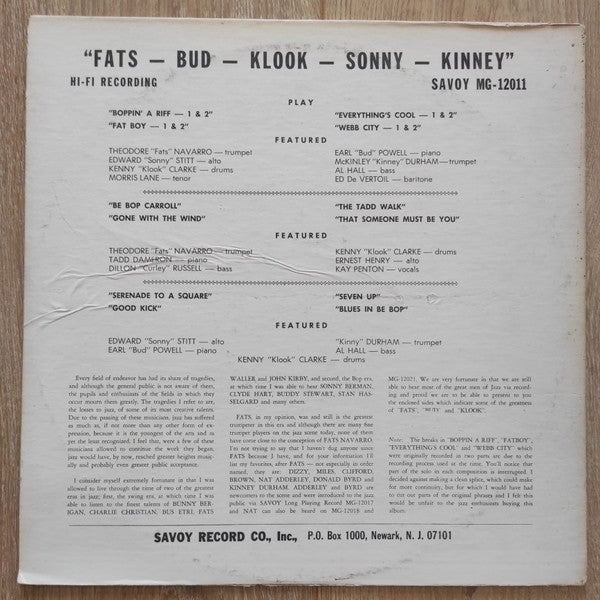 Fats Navarro : Fats-Bud-Klook-Sonny-Kinney (LP, Album, Mono, RE)