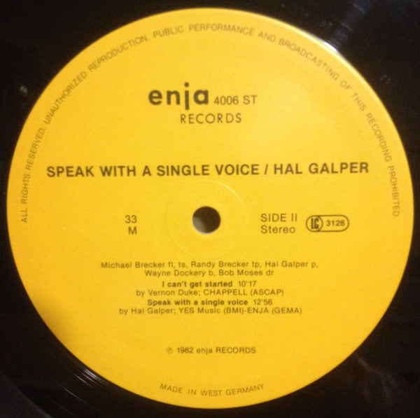 Hal Galper Quintet ~ Speak With A Single Voice (Vinyl) - Djungel & Jazz