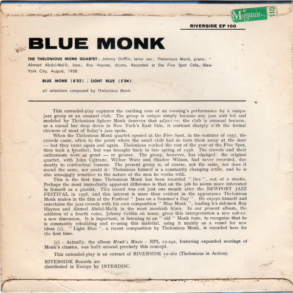 Thelonious Monk ~ Blue Monk (The Music Of Thelonious Monk) (Vinyl) - Djungel & Jazz