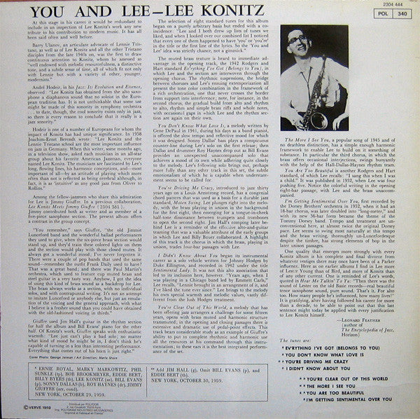 Lee Konitz / Arrangements By Jimmy Giuffre ~ You And Lee (Vinyl) - Djungel & Jazz