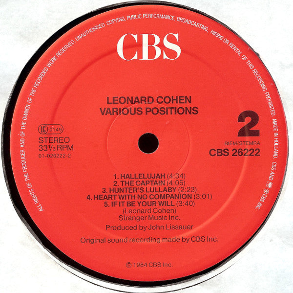 Leonard Cohen ~ Various Positions (Vinyl) - Djungel & Jazz