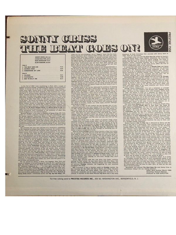 Sonny Criss ~ The Beat Goes On! (Vinyl) - Djungel & Jazz