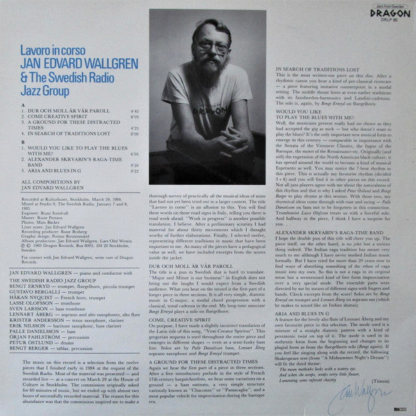 Jan Edvard Wallgren* & The Swedish Radio Jazz Group* : Lavoro In Corso (LP, Album)