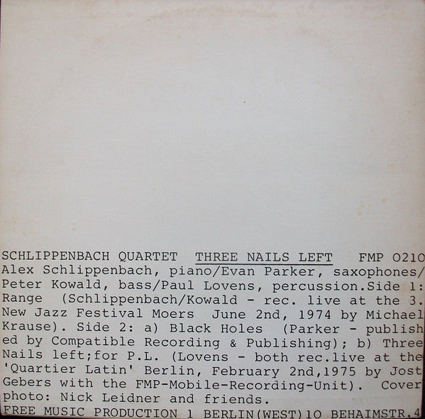 Schlippenbach Quartet ~ Three Nails Left (Vinyl) - Djungel & Jazz