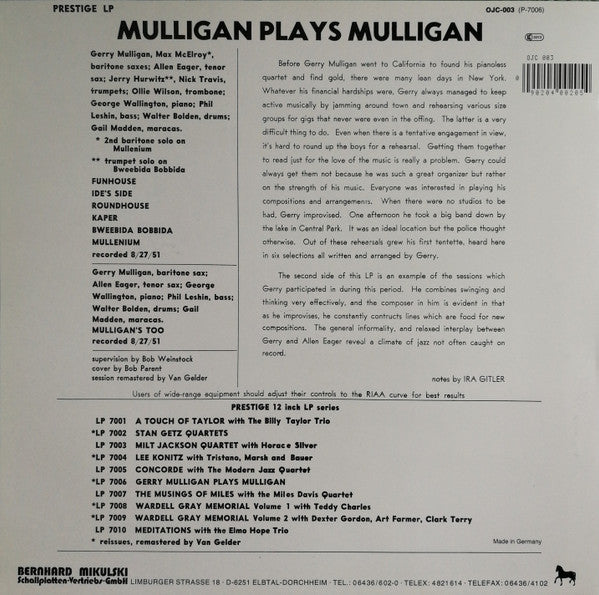 Gerry Mulligan ~ Mulligan Plays Mulligan (Vinyl) - Djungel & Jazz