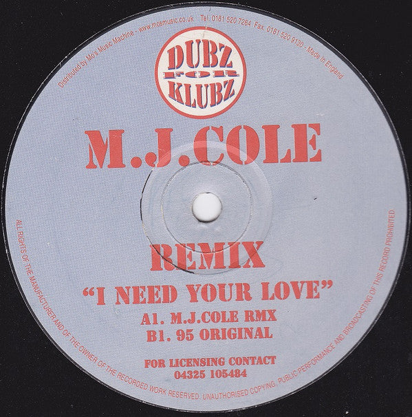 Dub Syndicate Productions : I Need Your Love (M.J.Cole Remix) (12")