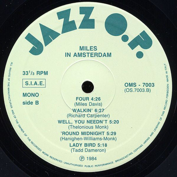 Miles Davis : Miles In Amsterdam (LP, Album, Mono)