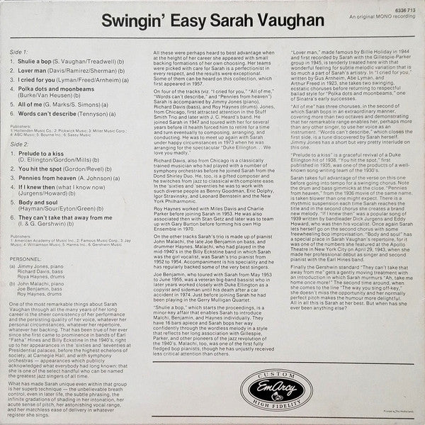 Sarah Vaughan And Her Trio ~ Swingin' Easy (Vinyl) - Djungel & Jazz