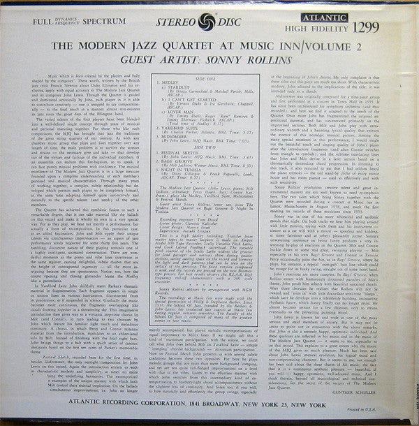 The Modern Jazz Quartet Guest Artist: Sonny Rollins ~ The Modern Jazz Quartet At Music Inn — Volume 2 (Vinyl) - Djungel & Jazz