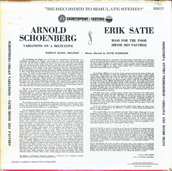 Arnold Schoenberg / Eric Satie ~ Variations On A Recitative / Mass For The Poor (Vinyl) - Djungel & Jazz