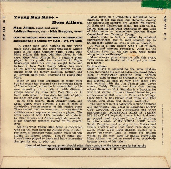 Mose Allison ~ Young Man Mose (Vinyl) - Djungel & Jazz