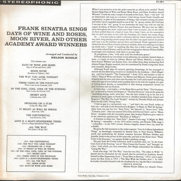 Frank Sinatra ~ Sings Days Of Wine And Roses, Moon River, And Other Academy Award Winners (Vinyl) - Djungel & Jazz
