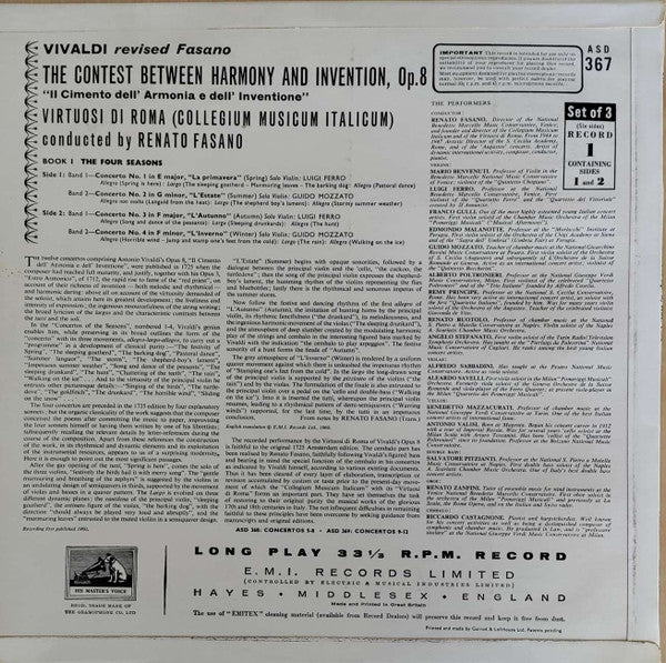 Antonio Vivaldi, Virtuosi Di Roma "Collegium Musicum Italicum", Renato Fasano ~ Il Cimento Dell' Armonia E Dell' Invenzione (The Contest Between Harmony And Invention) Op. 8 (Vinyl) - Djungel & Jazz