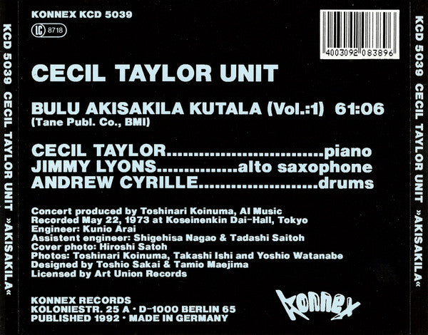 The Cecil Taylor Unit ~ Akisakila - Cecil Taylor Unit In Japan - Vol.:1 (Vinyl) - Djungel & Jazz