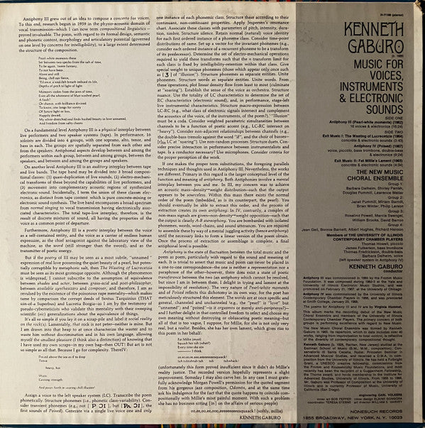 Kenneth Gaburo : Music For Voices, Instruments & Electronic Sounds (LP, Album, RP)