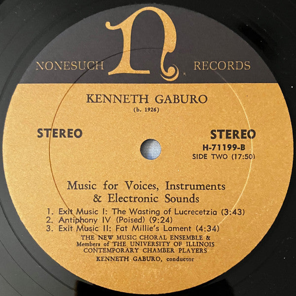 Kenneth Gaburo : Music For Voices, Instruments & Electronic Sounds (LP, Album, RP)