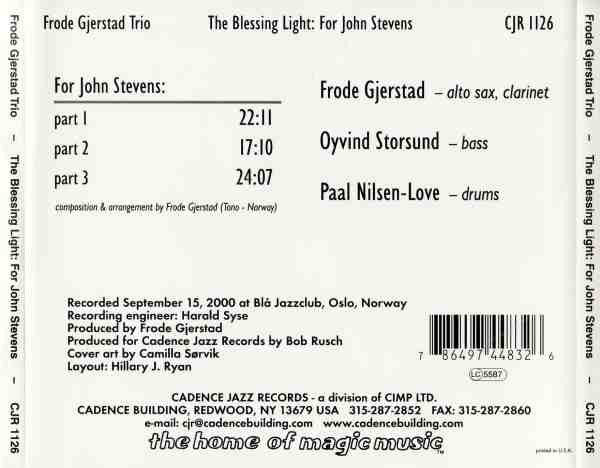 Frode Gjerstad Trio ~ The Blessing Light: For John Stevens (Vinyl) - Djungel & Jazz