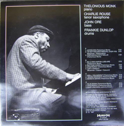Thelonious Monk Quartet ~ Live In Stockholm 1961 (Vinyl) - Djungel & Jazz