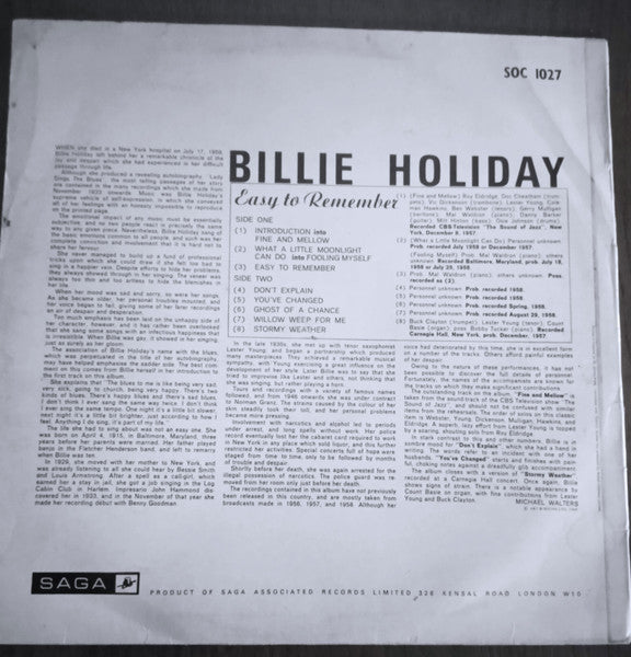 Billie Holiday : Easy To Remember  (LP, Mono)