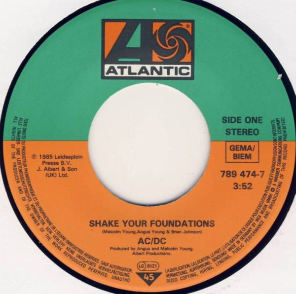 AC/DC : Shake Your Foundations (7", Single, Pos)