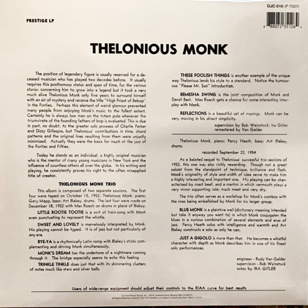 Thelonious Monk Trio : Thelonious Monk Trio (LP, Comp, Mono, RE, RM)